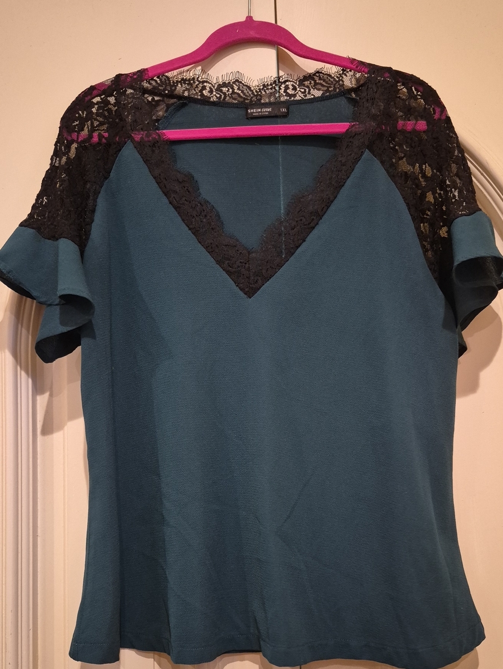SHEIN Teal V-Neck Top with Black Lace Shoulders